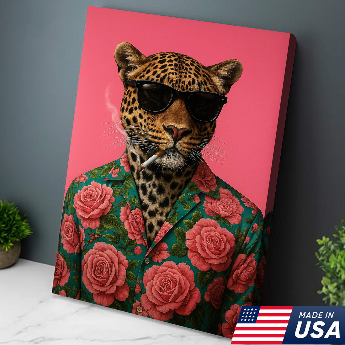 Leopard Canvas Wall Art, Retro Sunglasses Leopard Portrait on Pink, Tropical Floral Shirt Jungle Decor