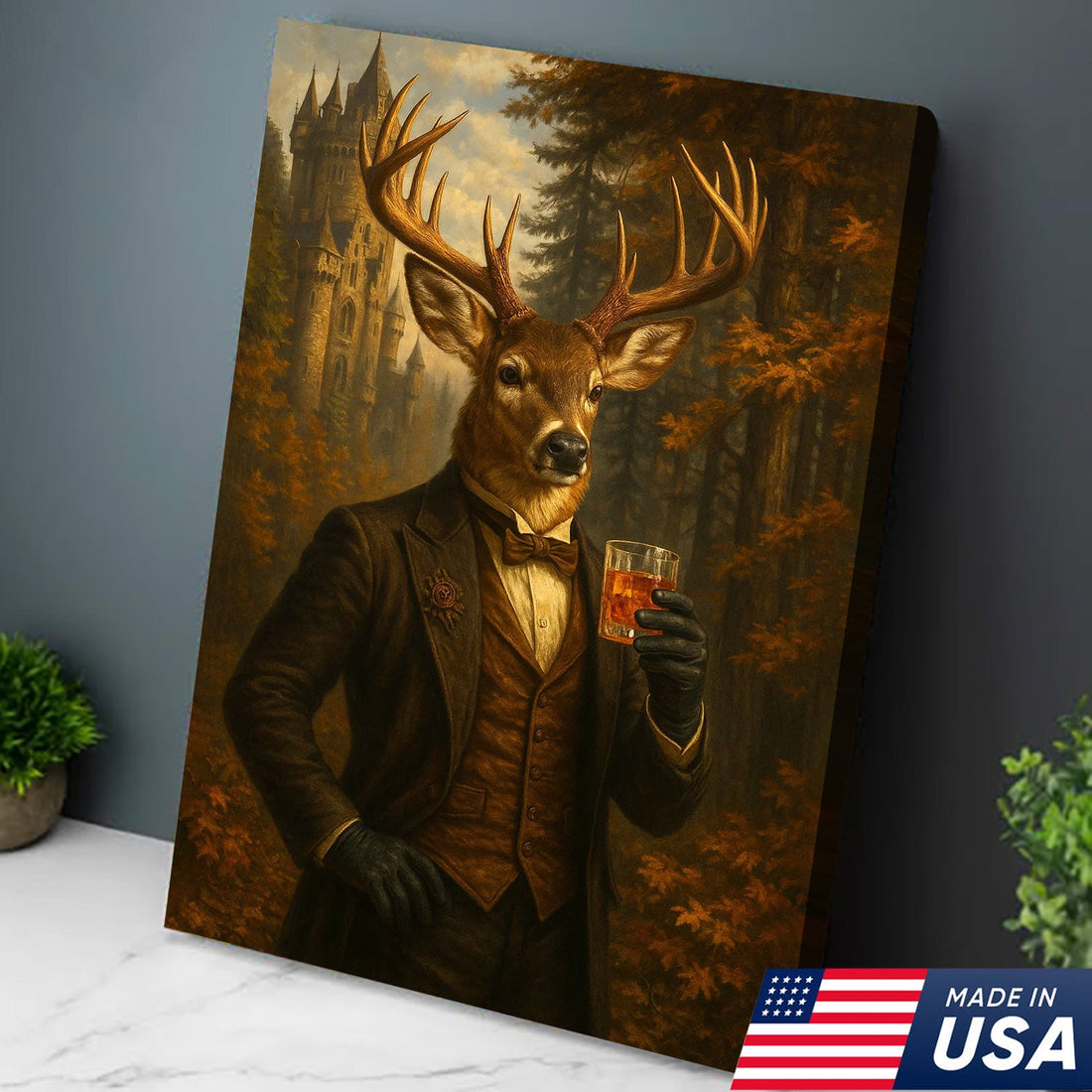 Gentleman Deer Whiskey Canvas Wall Art – Rustic Hunting Lodge & Man Cave Decor, Unique Hunter Gift