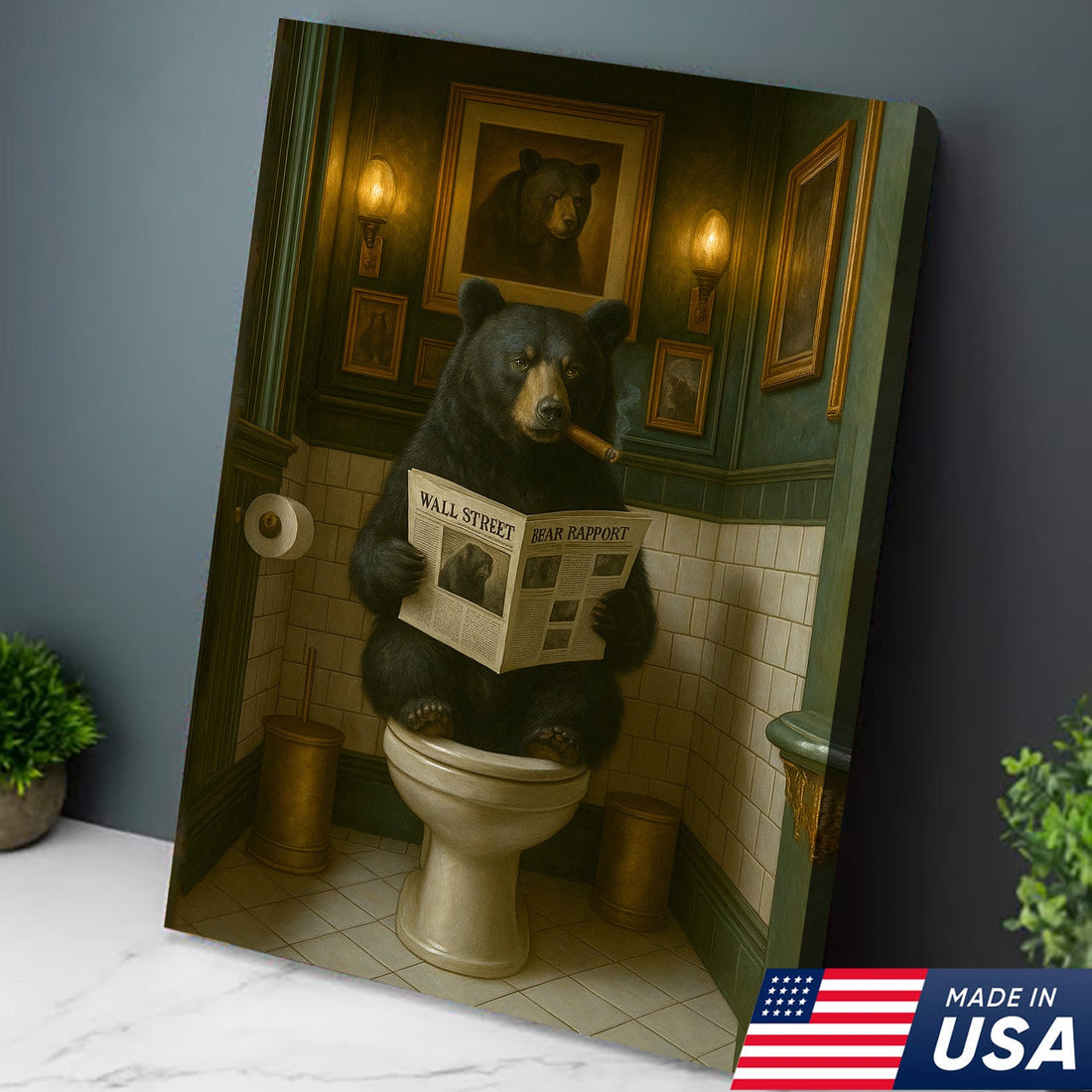 Funny Bear Bathroom Canvas – Toilet Humor Animal Wall Art Gift for Hunters, Rustic Cabin, Man Cave Decor