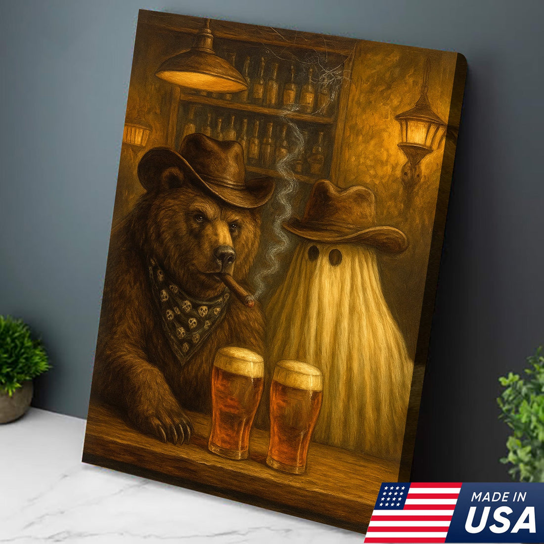 Halloween Bar Bear Canvas – Funny Rustic Cowboy Ghost Wall Art for Cabin, Hunters and Man Cave
