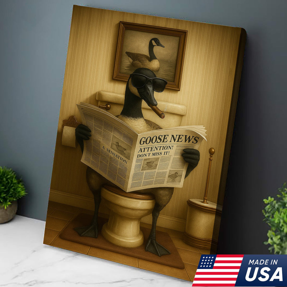 Funny Canada Goose Reading Newspaper Canvas – Funny Bathroom Wall Art for Rustic Cabin, Lodge & Man Cave Gift