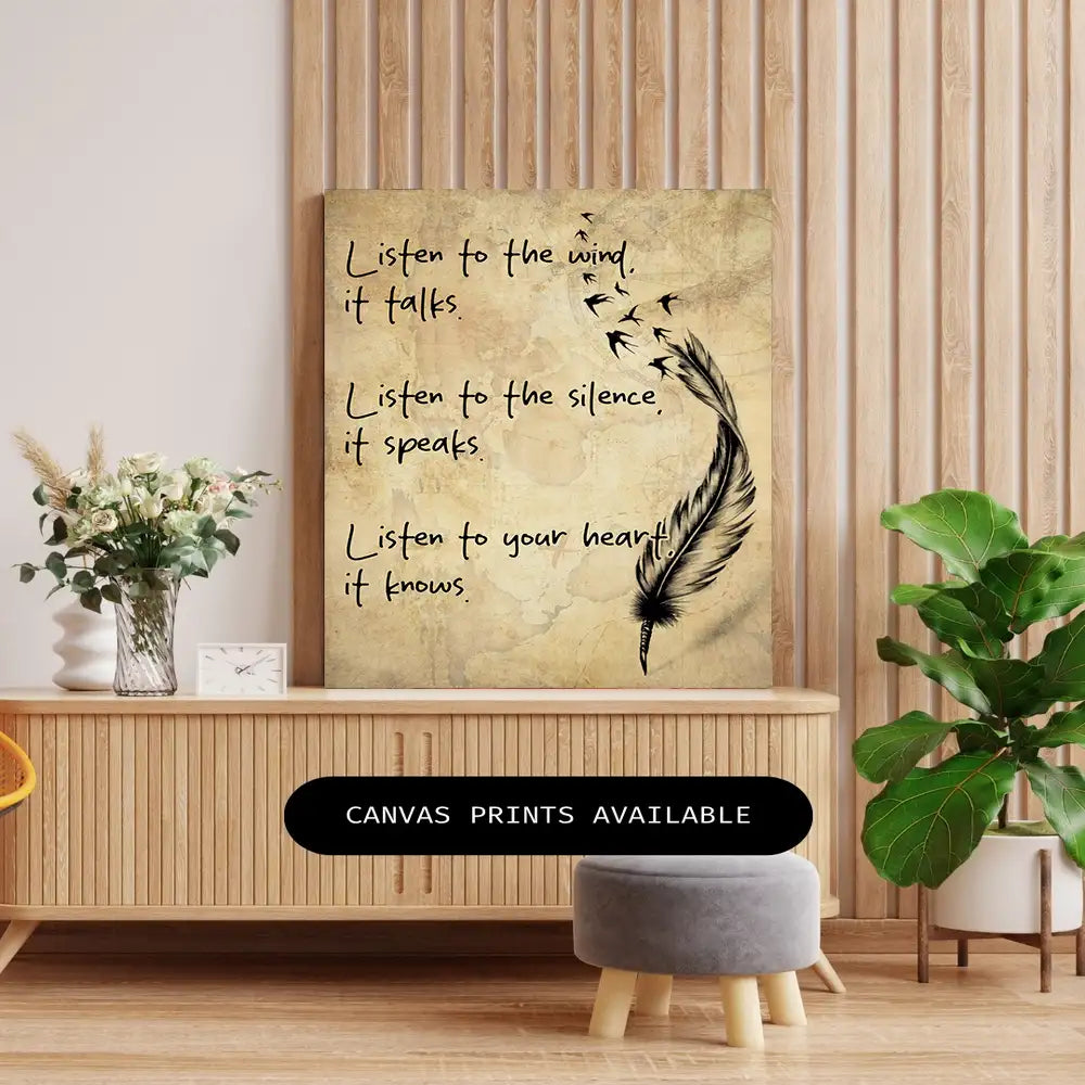 Listen to the Wind Feather Canvas Art, Inspirational Quote Wall Decor, Native American-Inspired Wall Art
