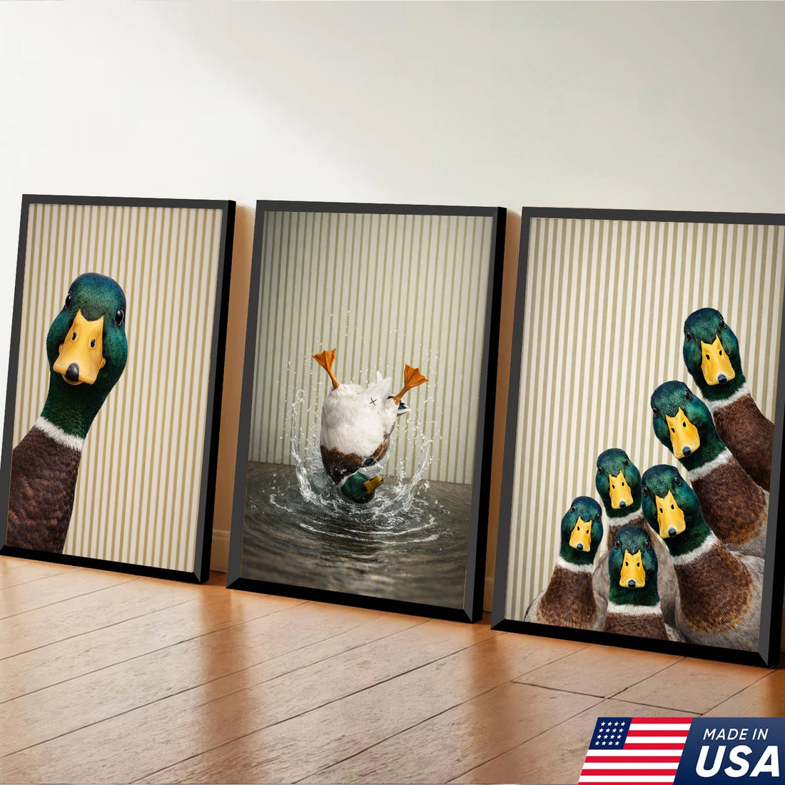 Funny Duck Wall Art Canvas Set, Whimsical Mallard Animal Triptych Print, Playful Modern Wildlife Home Decor
