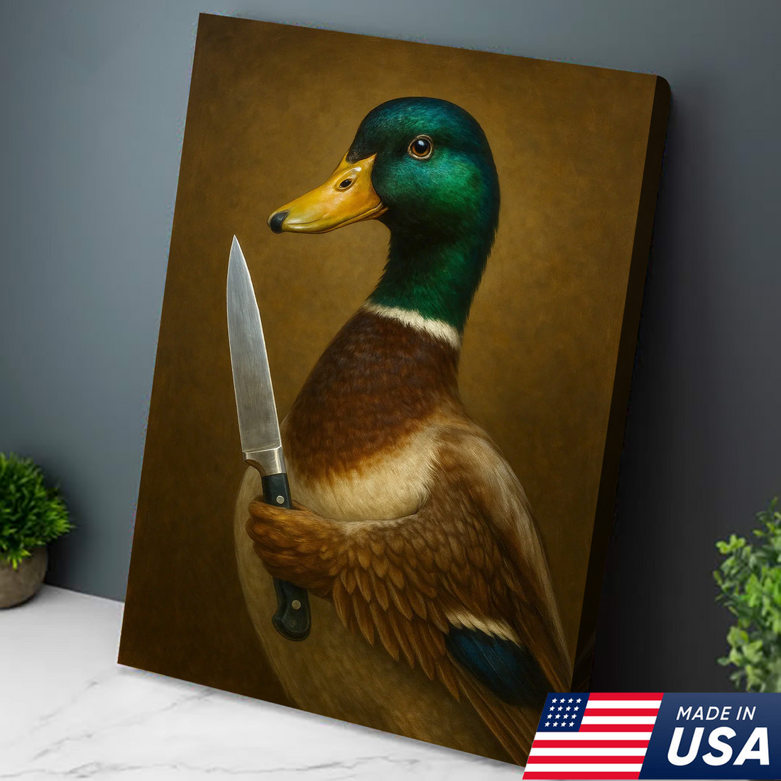 Funny Duck Chef Canvas Wall Art, Mallard Portrait for Kitchen Decor, Whimsical Animal Painting Vintage Gallery Print