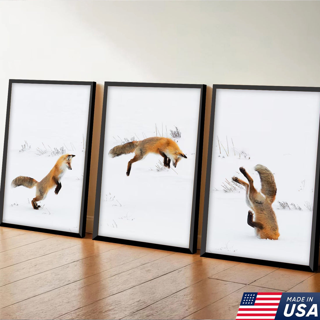 Funny Fox Snow Dive Triptych Canvas Wall Art Set, Playful Wildlife Winter Photography Prints, Minimalist Nature Living Room Home Decor