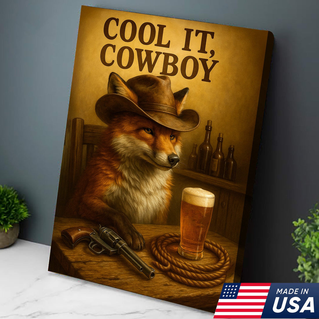 Cowboy Fox Canvas Wall Art – Rustic Western Saloon Painting with Coors Beer for Cabin and Man Cave