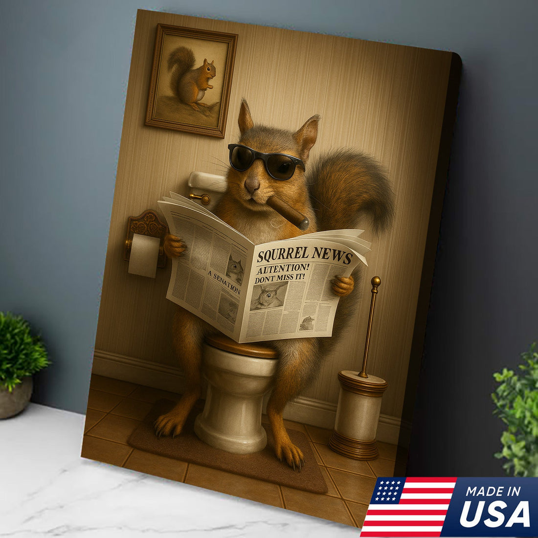 Hilarious Squirrel Canvas Print – Unique Rustic Bathroom Humor for Hunting Lodge and Man Cave