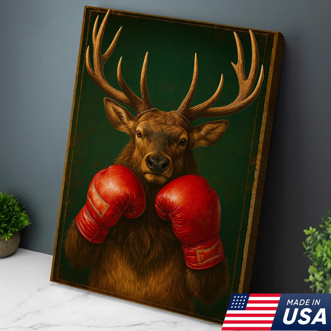 Boxing ELK Canvas Wall Art – Rustic Funny Deer Animal Print Gift for Hunters, Lodge, Cabin, Man Cave Decor