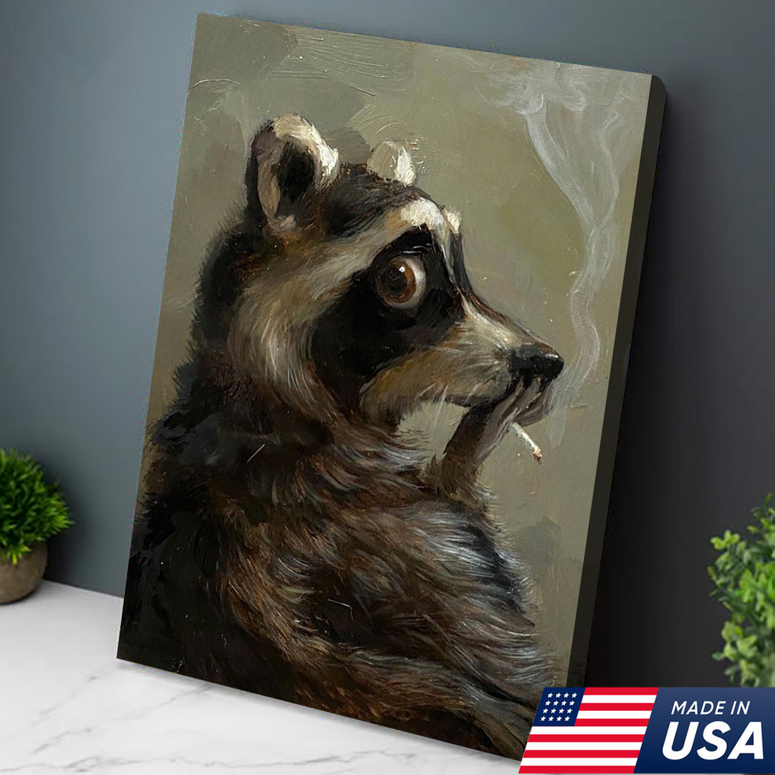 Raccoon Canvas Wall Art, Vintage Oil Portrait Anthropomorphic Animal, Moody Woodland Rustic Cabin Decor