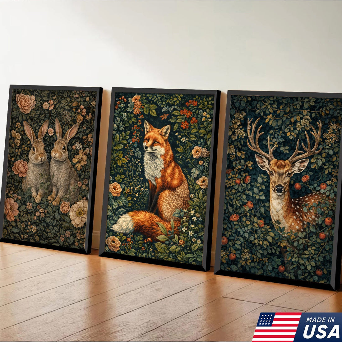 Woodland Floral Animals Triptych Canvas Wall Art Set, Vintage Botanical Fox Rabbit Deer Prints, Elegant Cottagecore Nature Home Decor