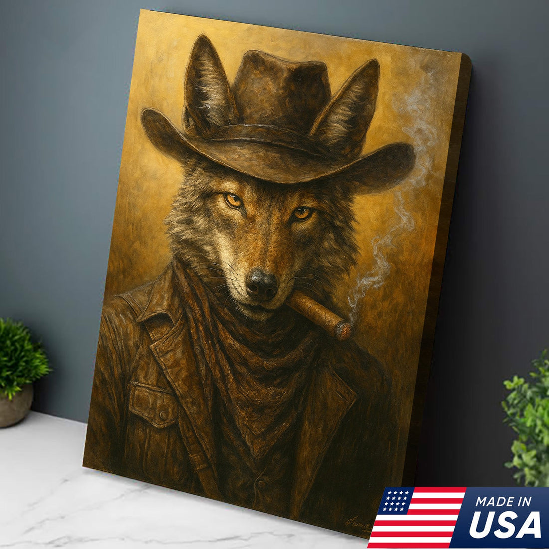 Coyote Cowboy Canvas Wall Art – Rustic Western Outlaw Painting for Lodge, Bar, Hunters, and Man Cave