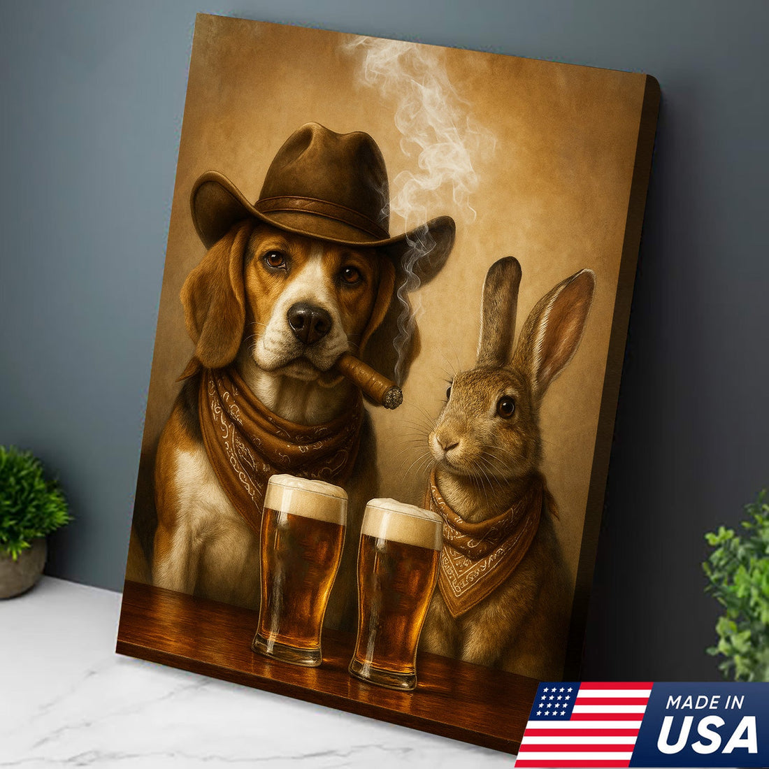 Funny Dog & Rabbit Beer Canvas Wall Art – Rustic Cowboy Bar Decor Gift for Hunters & Outdoorsmen