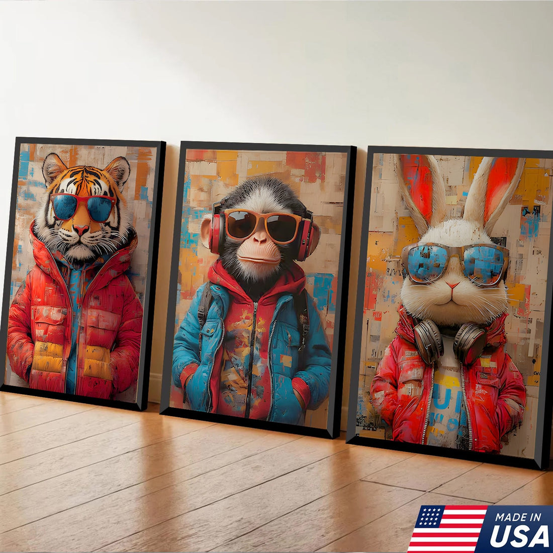Urban Cool Animals Triptych Canvas Wall Art Set, Tiger Monkey Rabbit Street Art Portraits, Colorful Modern Pop Culture Home Decor Prints