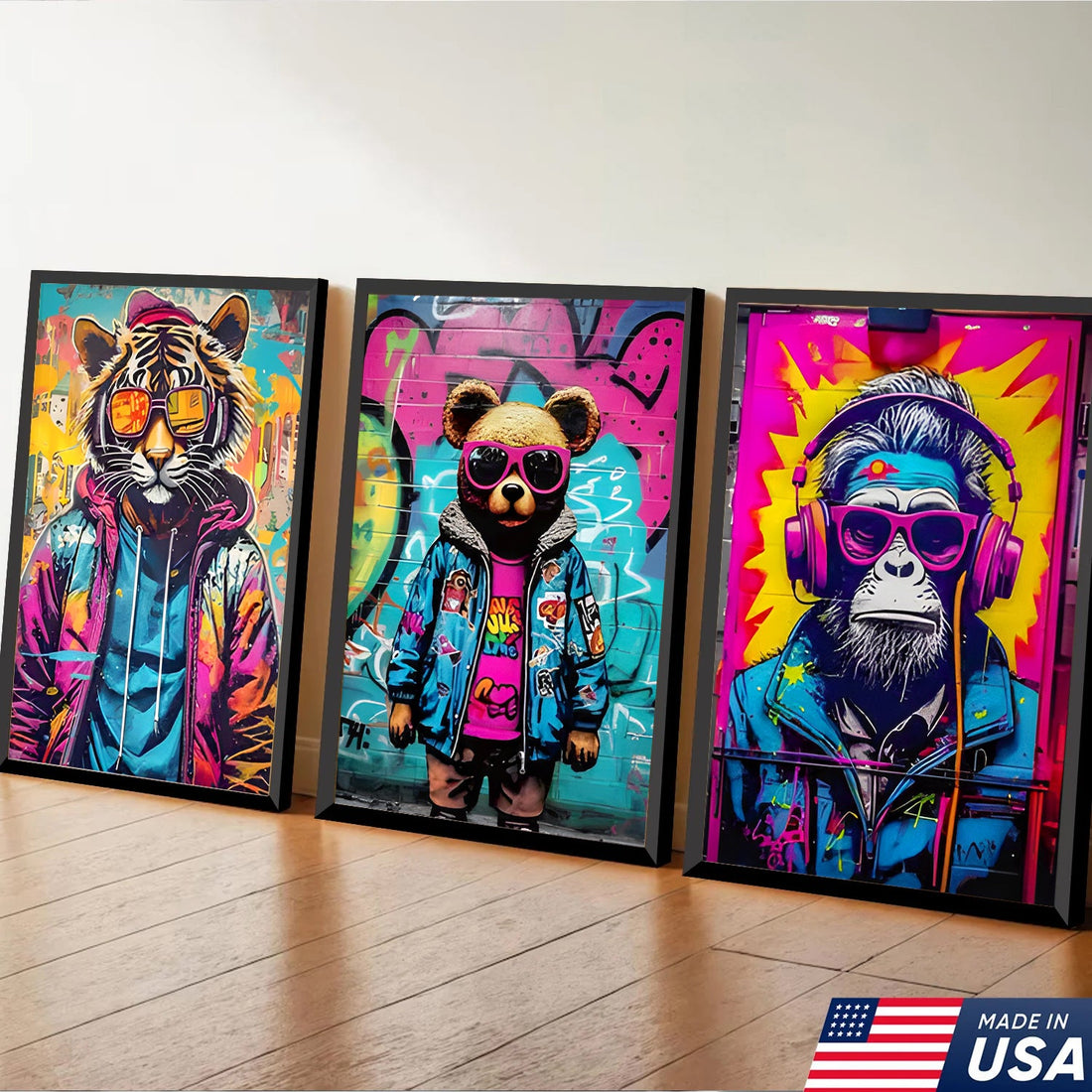 Neon Graffiti Animals Triptych Canvas Wall Art Set, Tiger Bear Gorilla Street Art Prints, Vibrant Urban Pop Home Decor
