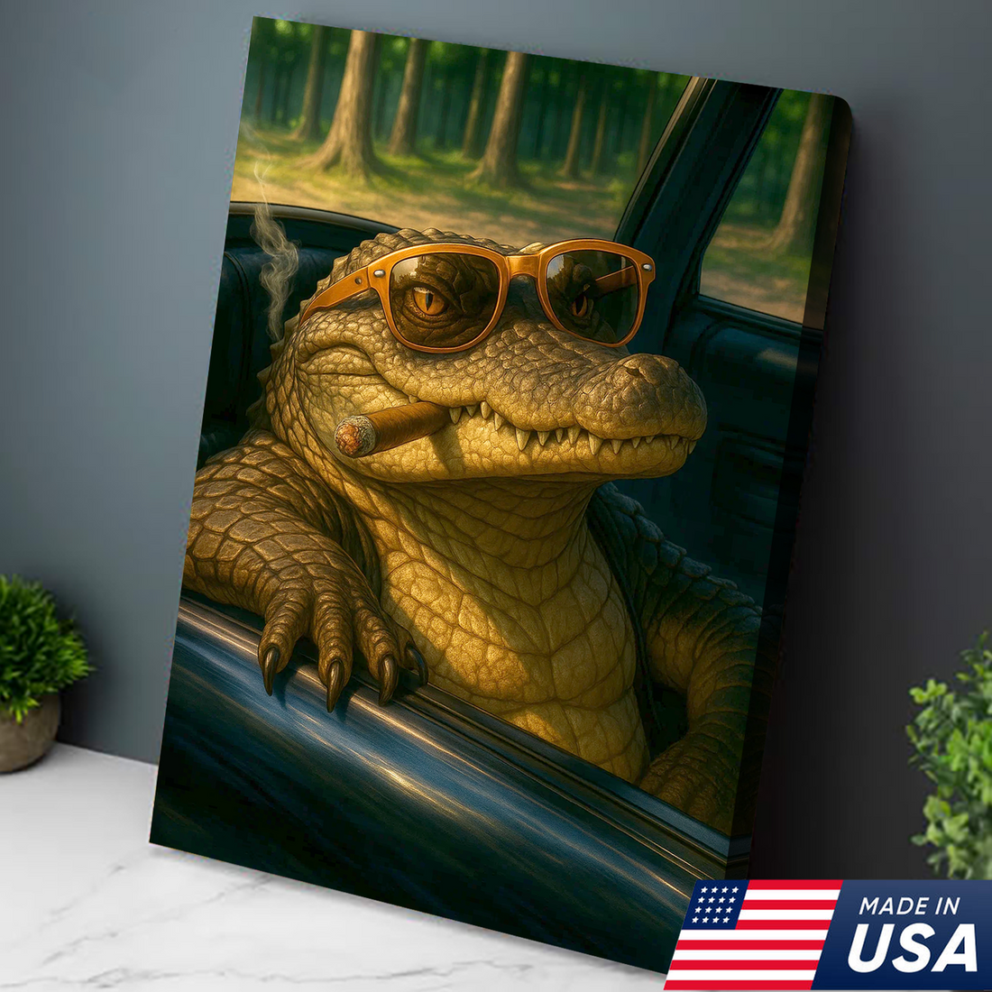 Cool Alligator Canvas Wall Art, Retro Sunglasses Gator in Car Portrait, Funny Swamp Reptile Decor for Men