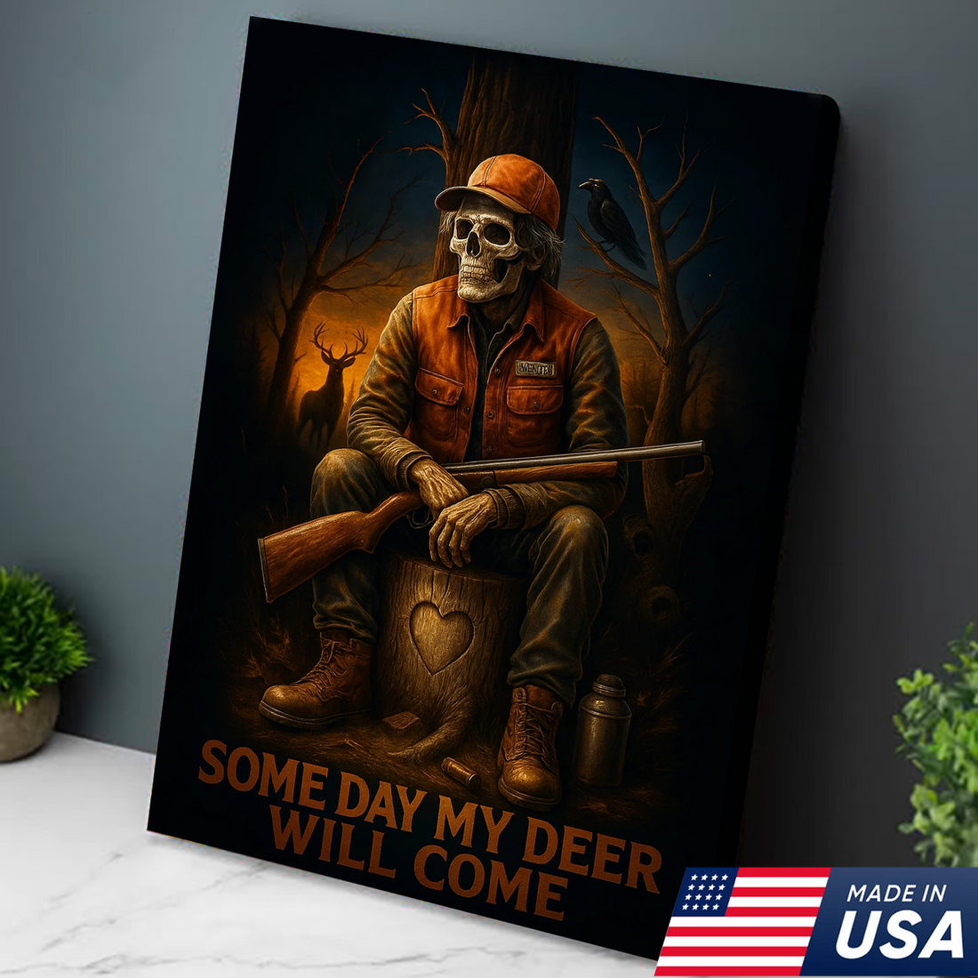 Funny Deer Hunting Canvas Wall Art – Skeleton Hunter with Rifle, Rustic Lodge Decor, “Some Day My Deer Will Come” Artwork