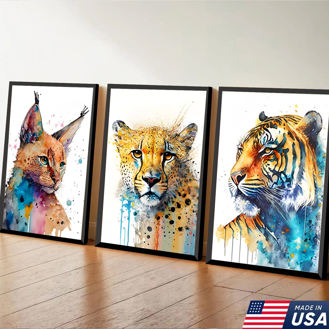Watercolor Big Cat Wall Art Canvas Set, Colorful Wildlife Animal Portrait Triptych, Modern Abstract Jungle Home Decor