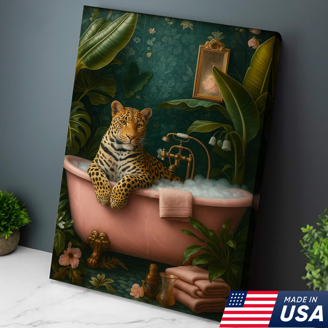 Leopard in Bathtub Canvas Wall Art, Jungle Bathroom Decor Vintage Clawfoot Tub, Whimsical Animal Spa Aesthetic Print