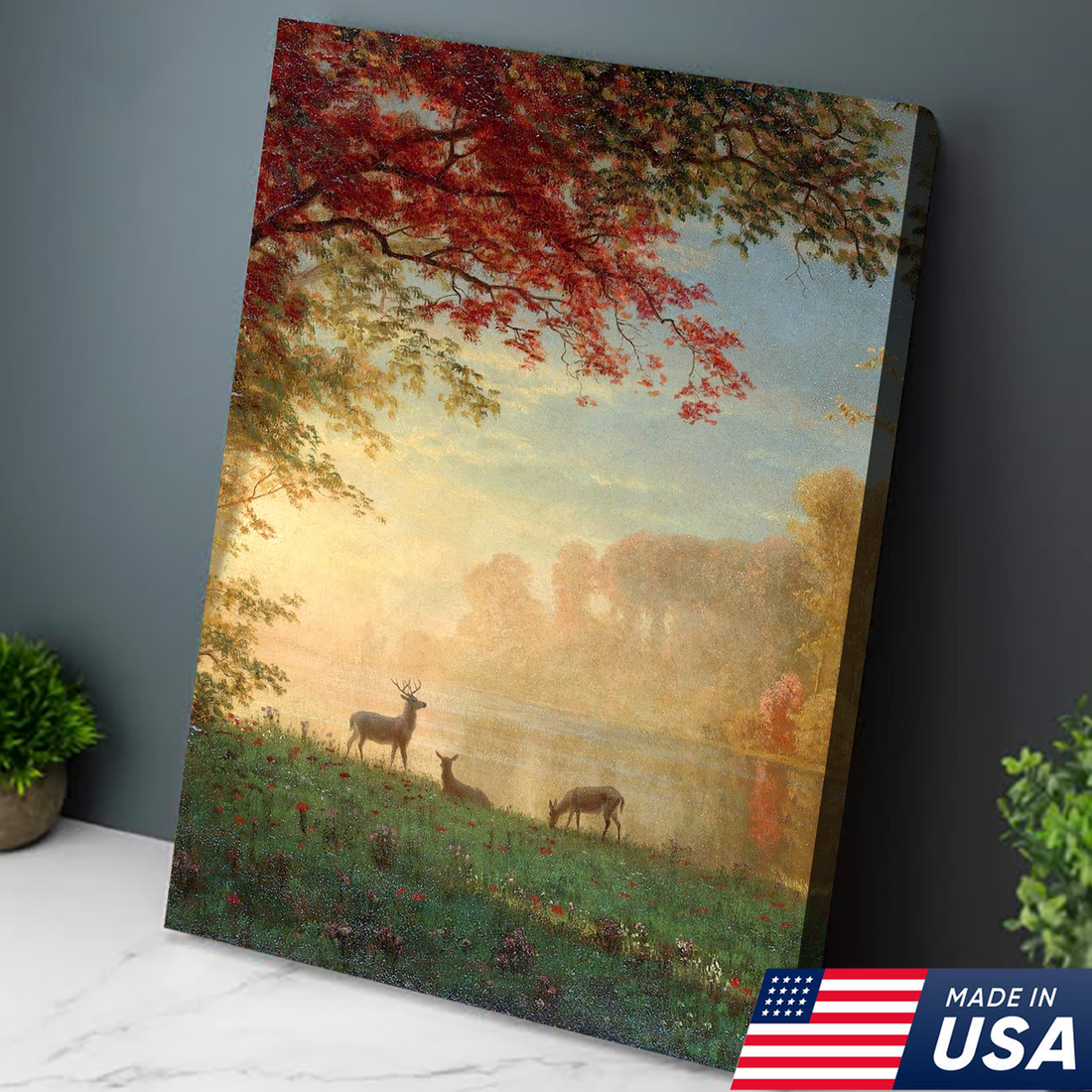 Sunrise Deer Meadow Canvas Wall Art, Autumn Lake Landscape Painting with Stag and Does, Rustic Cabin Lodge Wildlife Decor