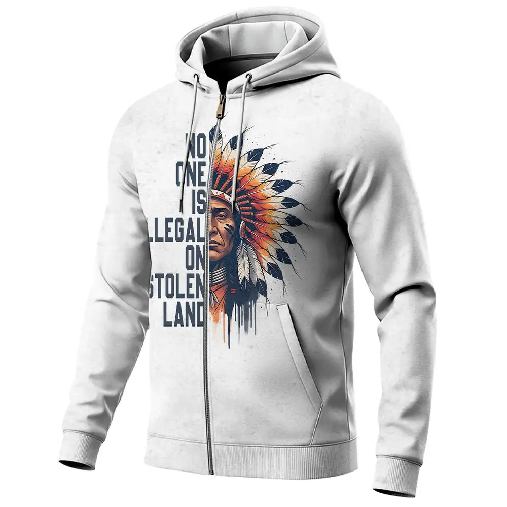 Indigenous Chief Headdress Hoodie - No One Is Illegal On Stolen Land Quote