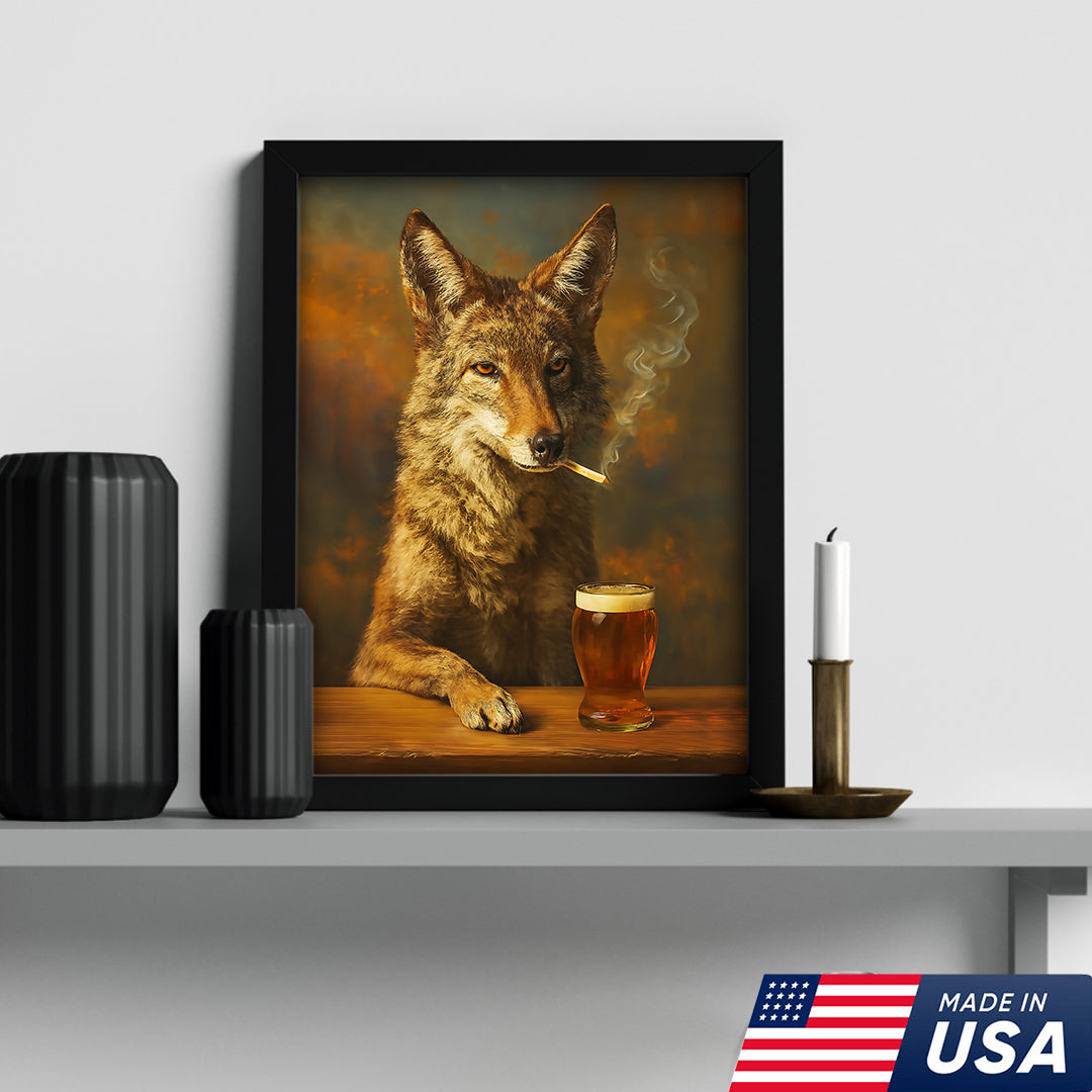 Smoking Wolf Coyote with Cocktail Glasses Canvas – Funny Hunting Wall Art for Man Caves - Hilarious Gift for Outdoorsmen