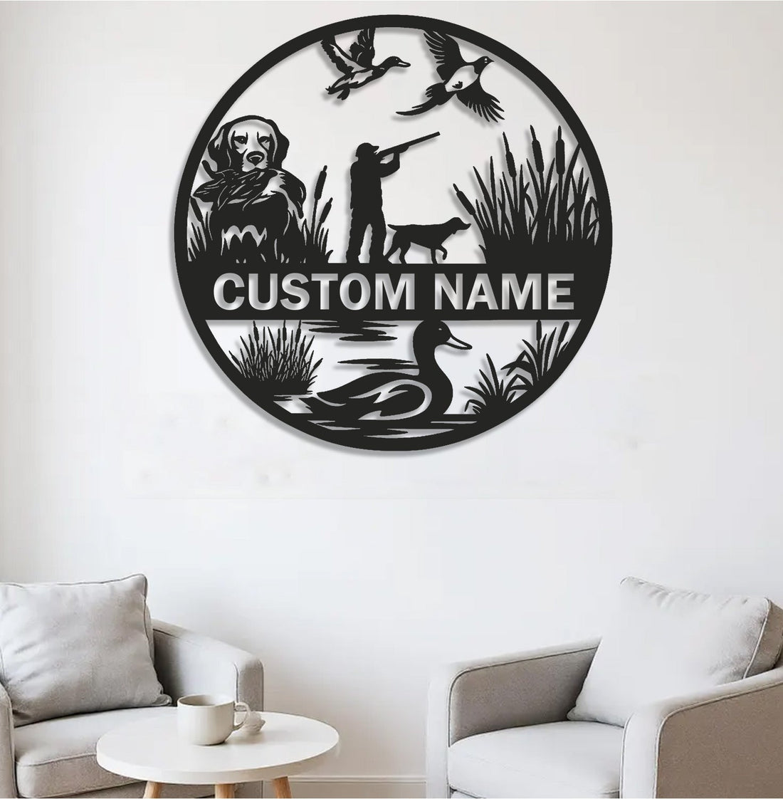 Personalized Metal Sign WITH LED/WITHOUT LED – Duck Hunting Scene with Dog and Hunter – Custom Rustic Wall Decor for Cabin and Lodge