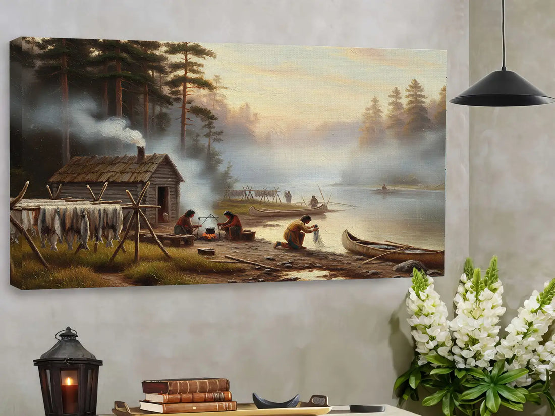 Fishing Village Canvas, Canoe And Campfire Painting For Home Decor