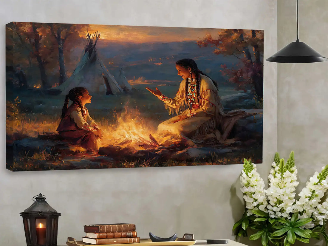 Campfire Storytelling Mother and Child Canvas, Cultural Canvas Wall Art