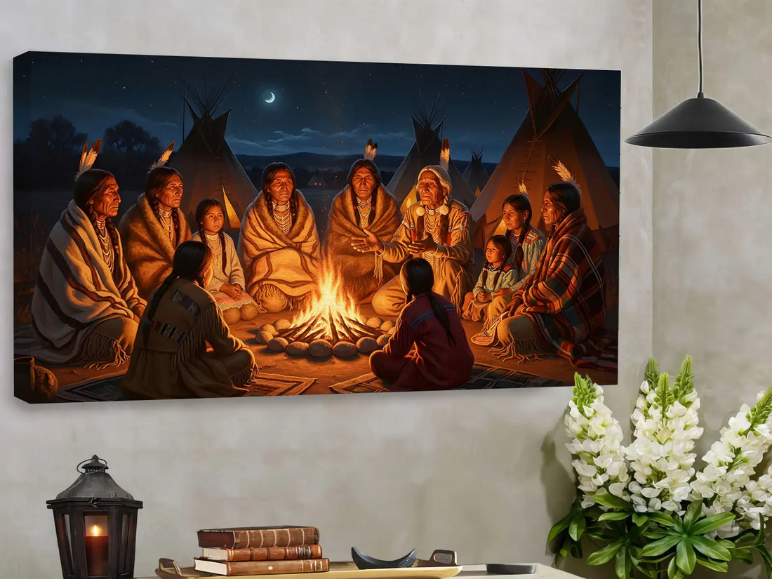 Native American Family Campfire Gathering, Indigenous Canvas Wall Art