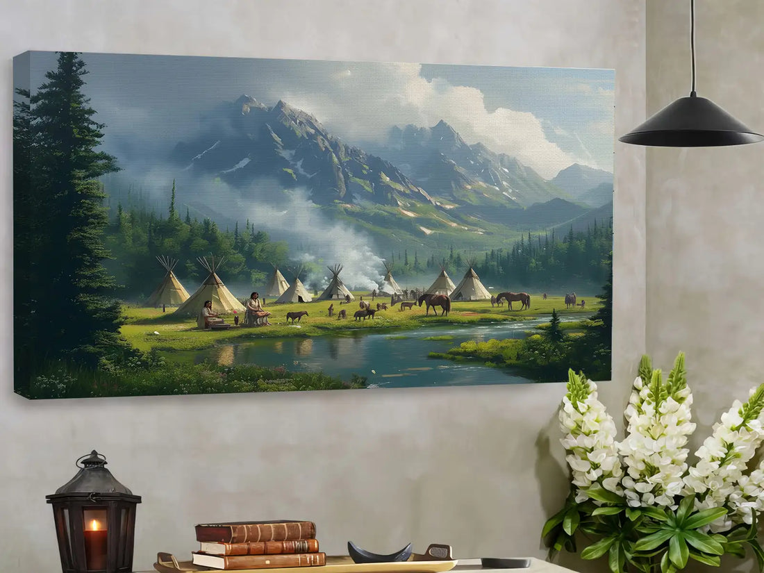Teepee Village by Mountain Landscape, Tribal Decor Wall Art