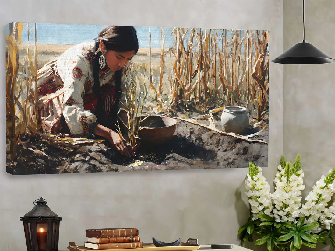 Woman Harvesting Corn Painting, Tribal Home Decor