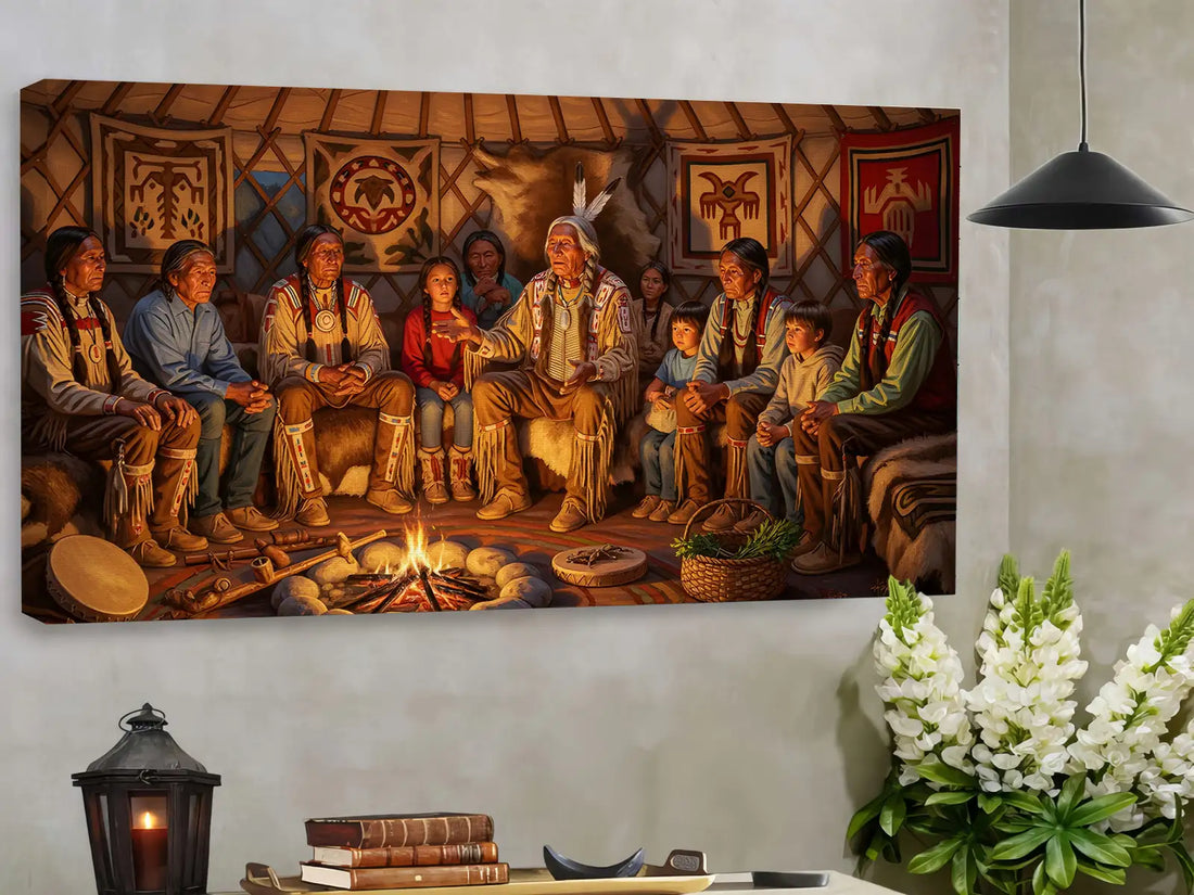Tribal Storytelling Fire Gathering Painting, Native America Canvas Wall Art