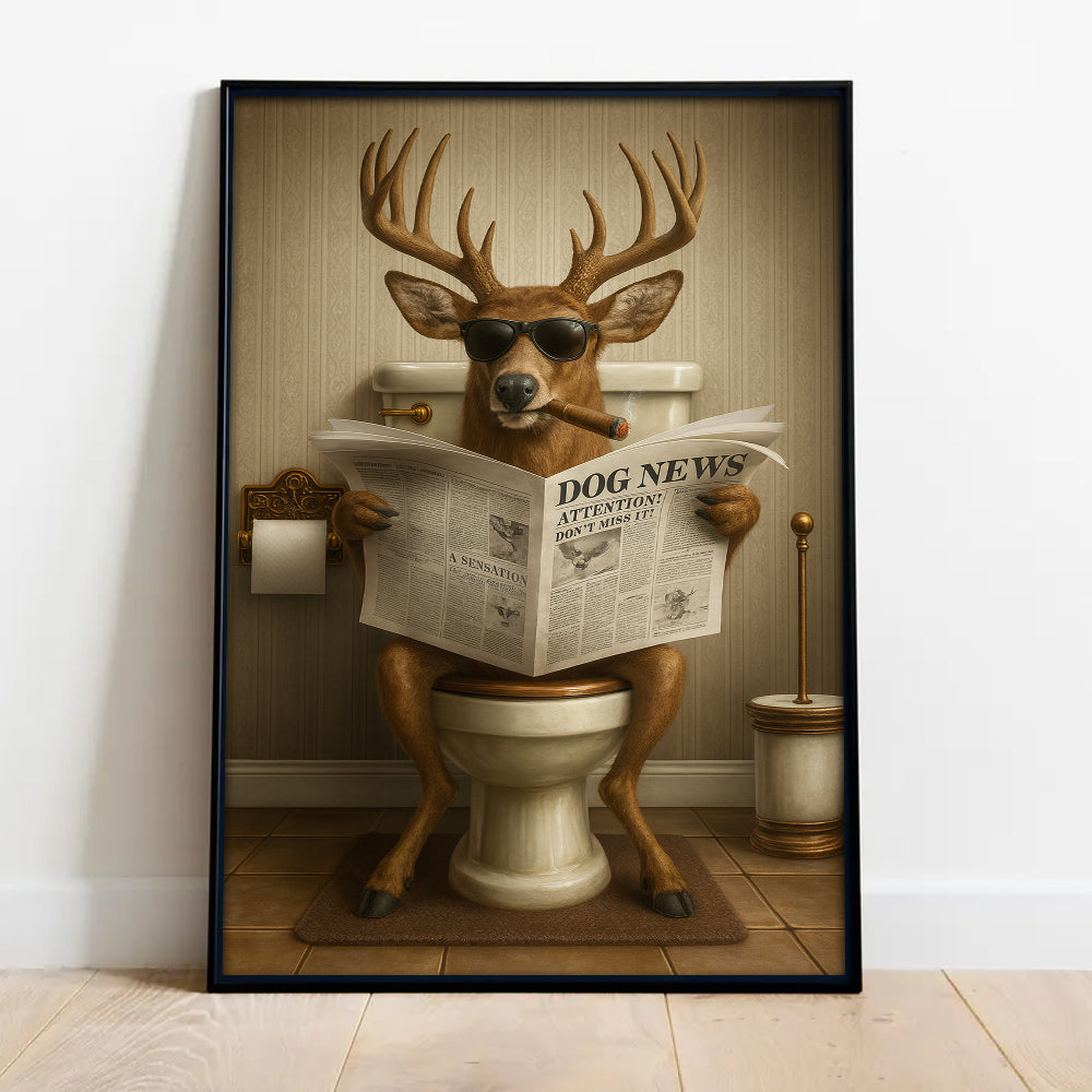 Funny Deer on Toilet Canvas – Hilarious Animal Art Print with SunGlasses and Smoking Reading Newspaper.