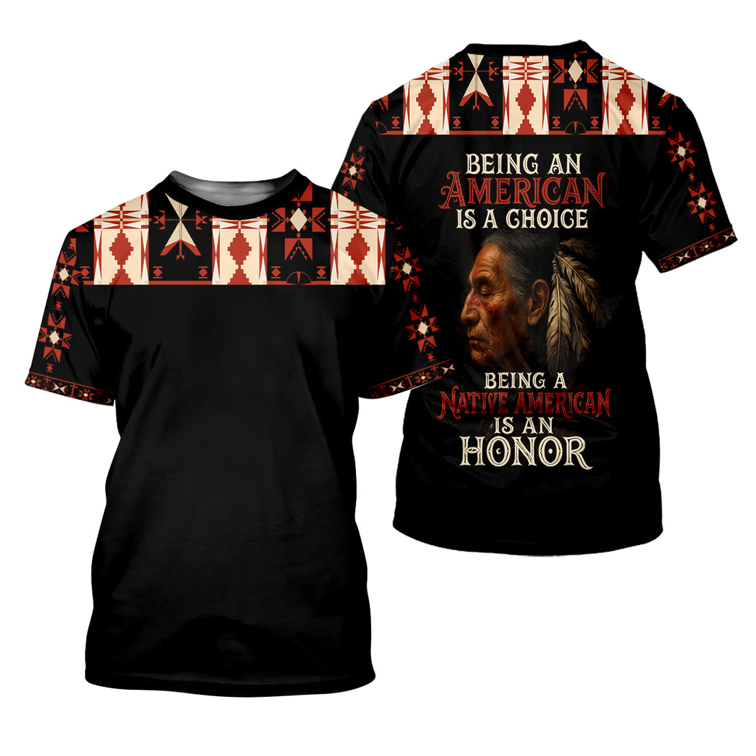 Front and back view of a black polo shirt featuring a graphic of a Native American elder's profile with feathers. The text reads "BEING AN AMERICAN IS A CHOICE" above the portrait and "BEING A NATIVE AMERICAN IS AN HONOR" below it. The shirt also displays intricate red, cream, and black geometric tribal patterns on the upper chest, shoulders, and sleeve cuffs.
