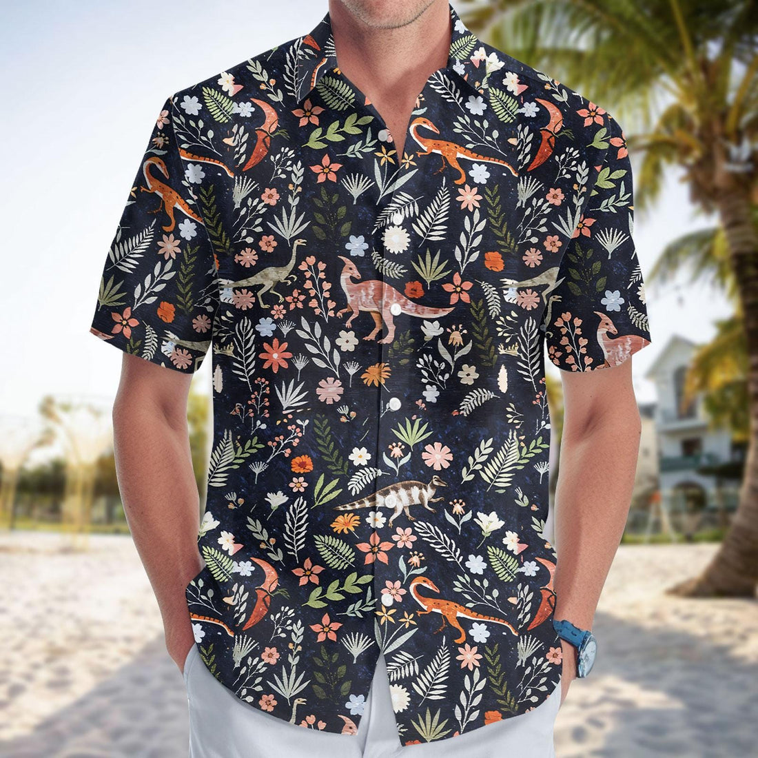Dinosaur Floral Button Up Shirt, Animal Tropical Vacation Hawaiian Shirt