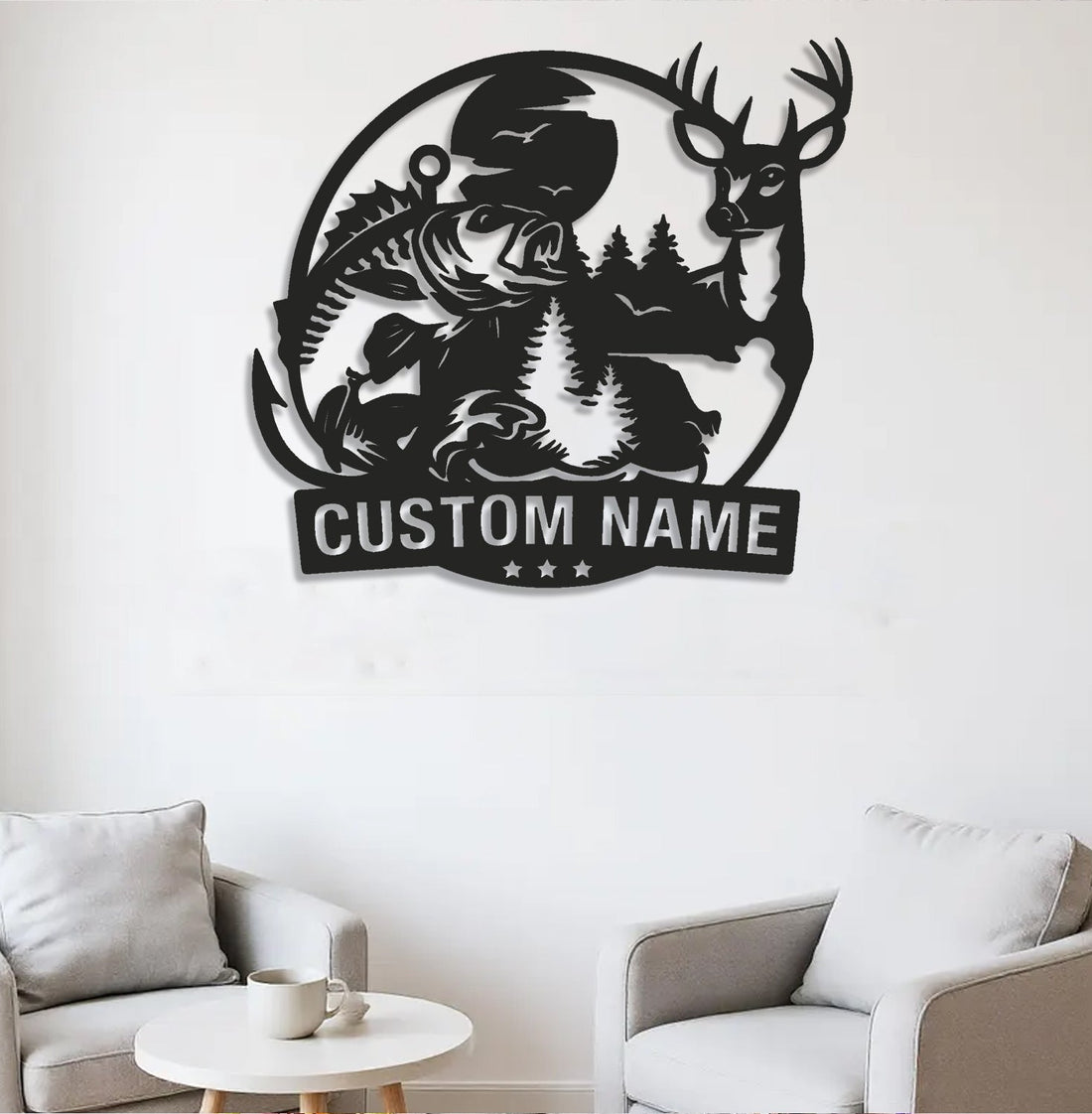 Personalized Deer and Fish Hunting Metal Sign WITH LED/WITHOUT LED, Rustic Cabin Wall Decor, Wildlife Outdoor Lodge Gift