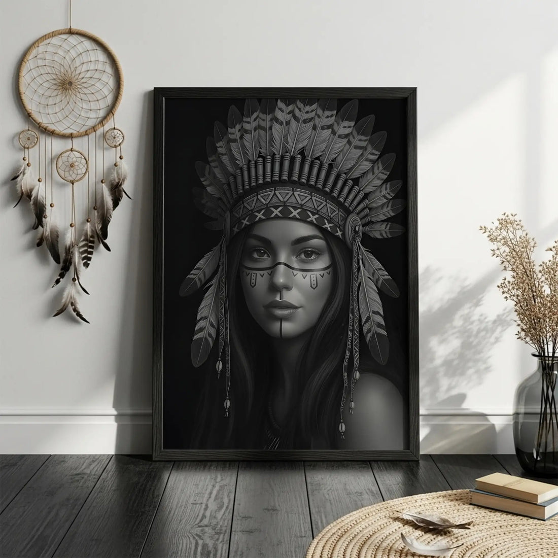 Feather Headdress Indigenous Woman Portrait, Tribal Native America Wall Art