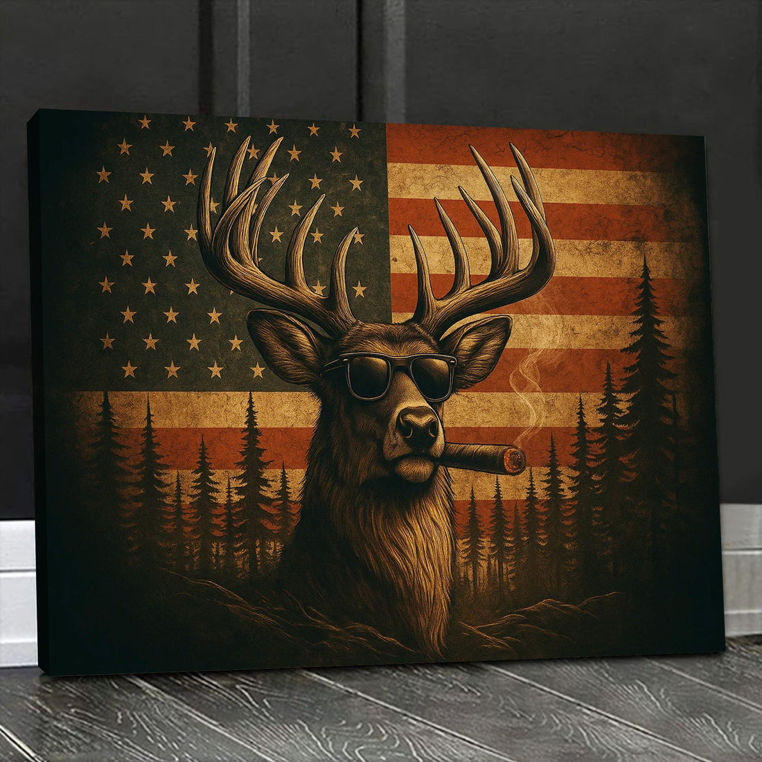 Deer Canvas Wall Art – Cool Buck with Sunglasses and USA Flag Rustic Hunting Lodge Decor