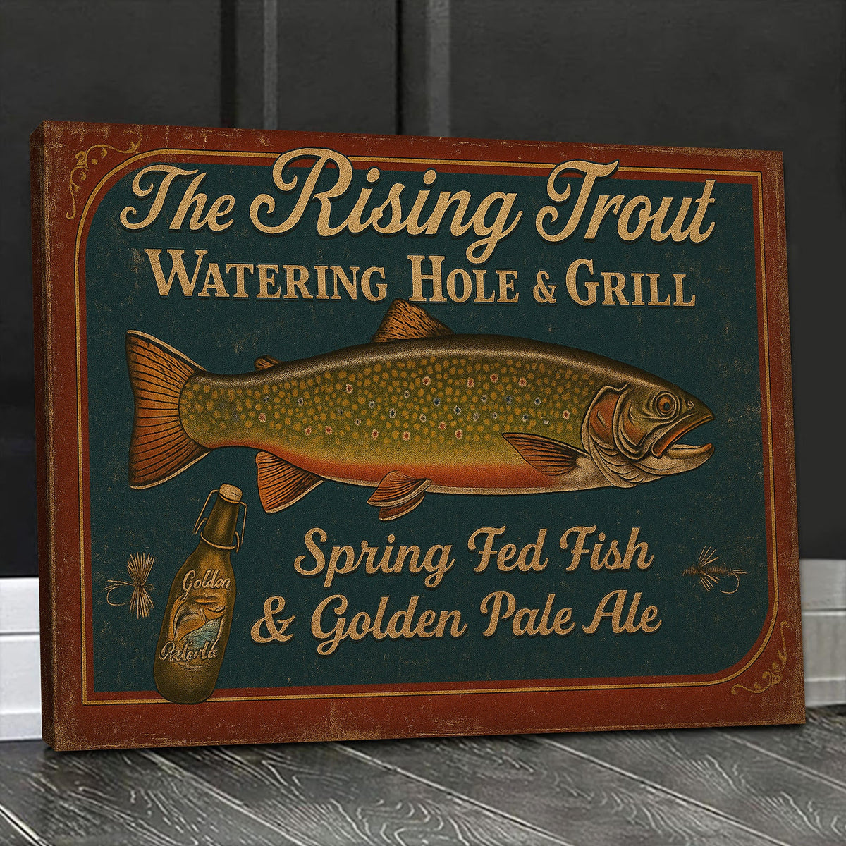 The Rising Trout Watering Hole & Grill Sign Canvas – Vintage Fishing W ...