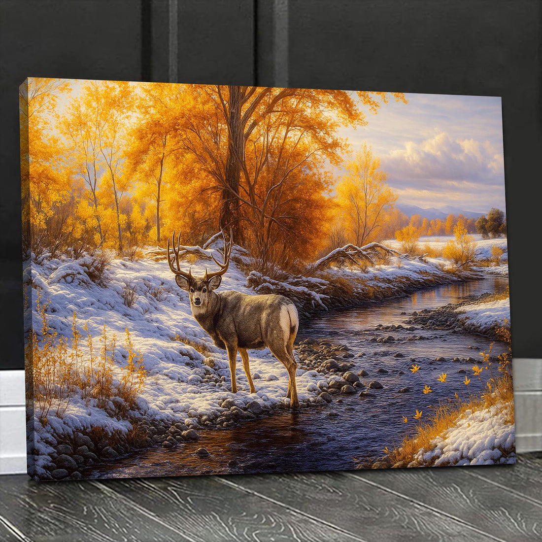 Personalized Deer Canvas Wall Art – Rustic Winter Landscape Painting – Hunting Lodge Home Decor
