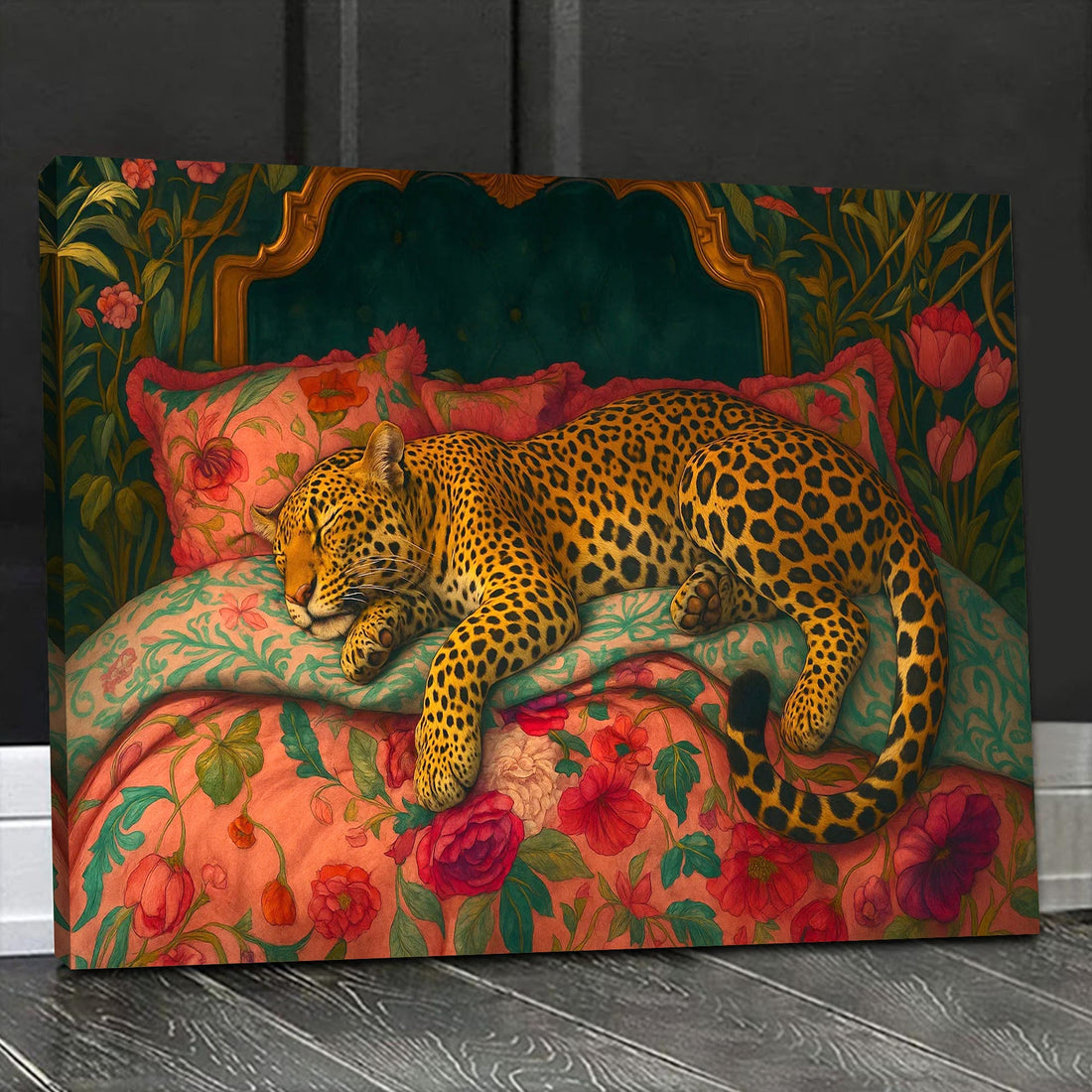 Sleeping Leopard Canvas Wall Art, Elegant Jungle Animal Painting, Vintage Floral Bedroom Decor for Wildlife Lovers