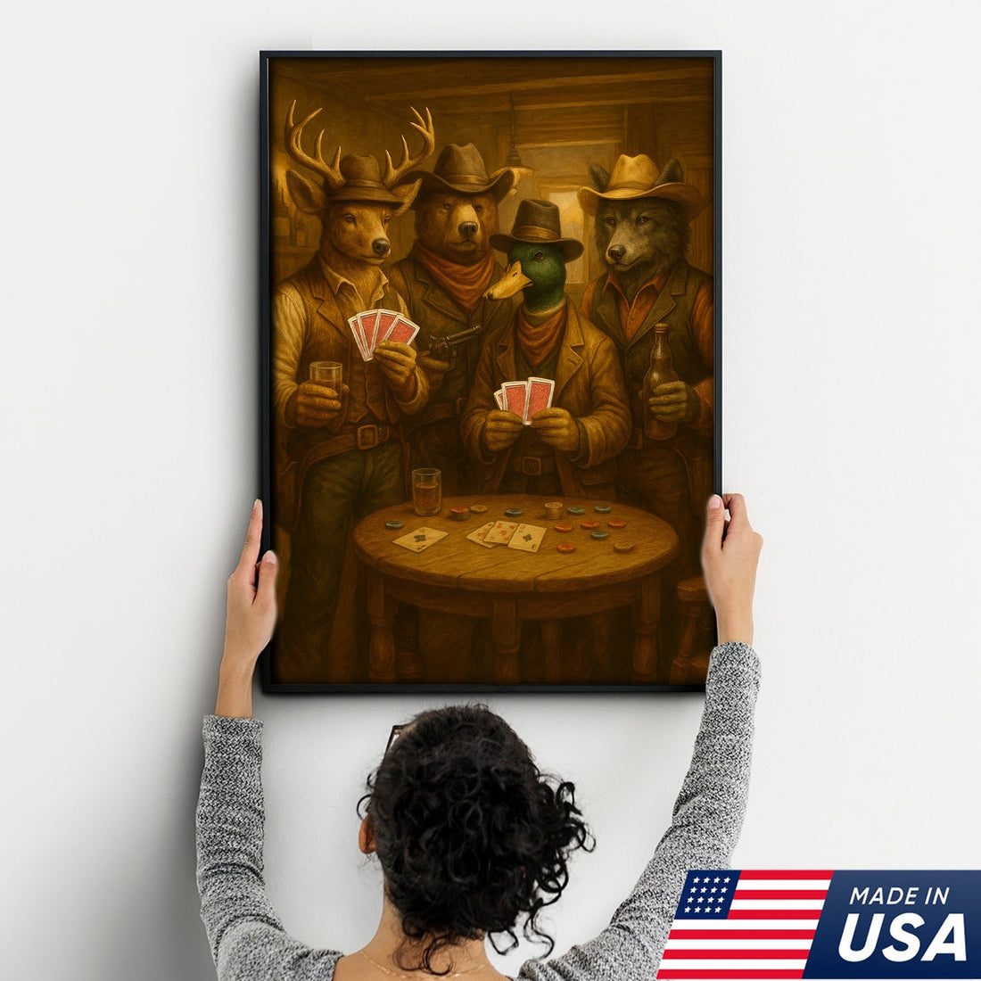 Western Poker Night Animal Canvas Wall Art – Rustic Cowboy Bar Decor for Gamers & Hunters