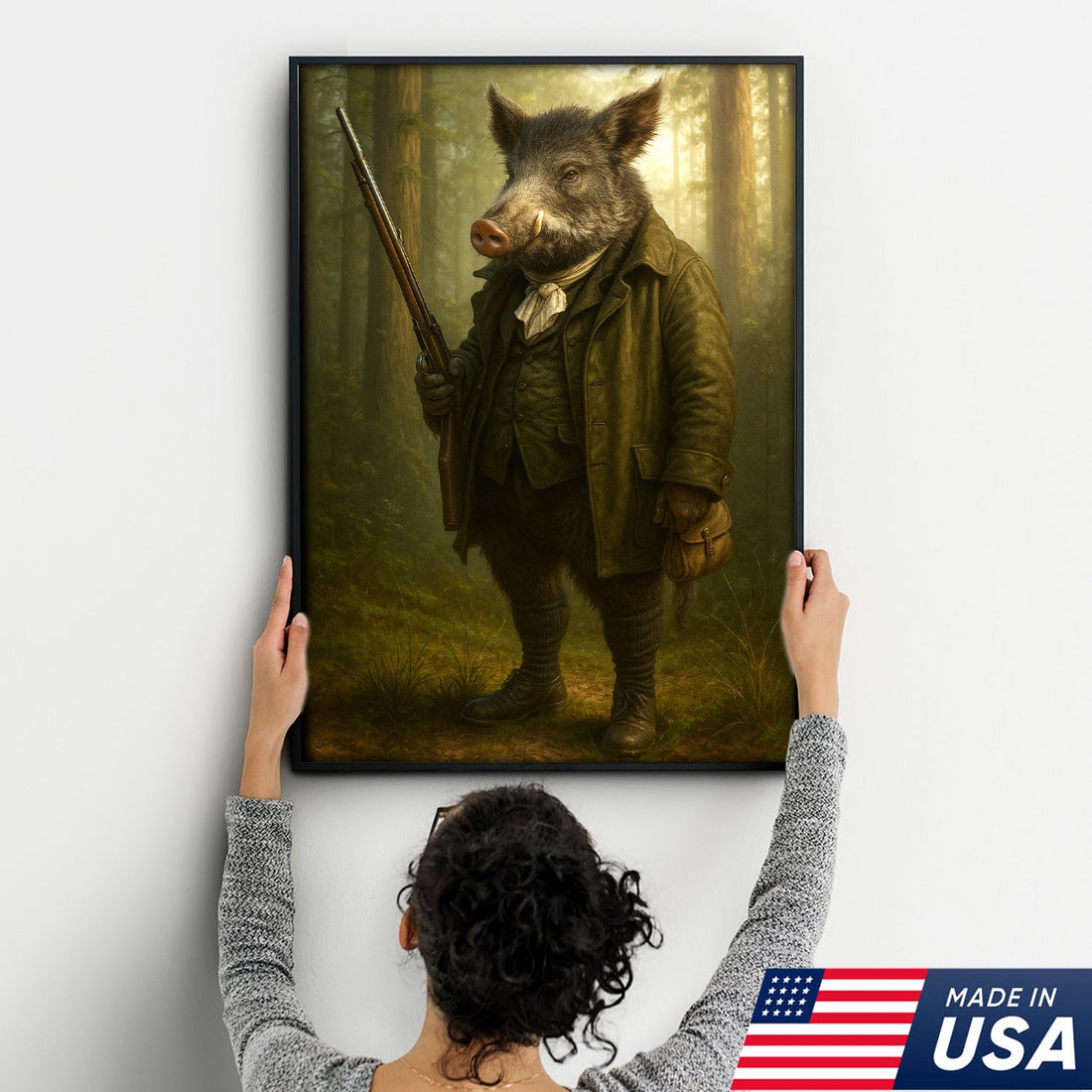Funny Wild Boar Hunter Canvas Wall Art – Rustic Hunting Lodge Decor Gift for Hunters