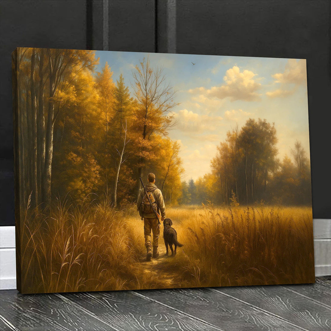 Hunting Canvas Wall Art – Hunter Walking with Dog in Autumn Forest – Rustic Wildlife Wall Decor for Cabin and Lodge