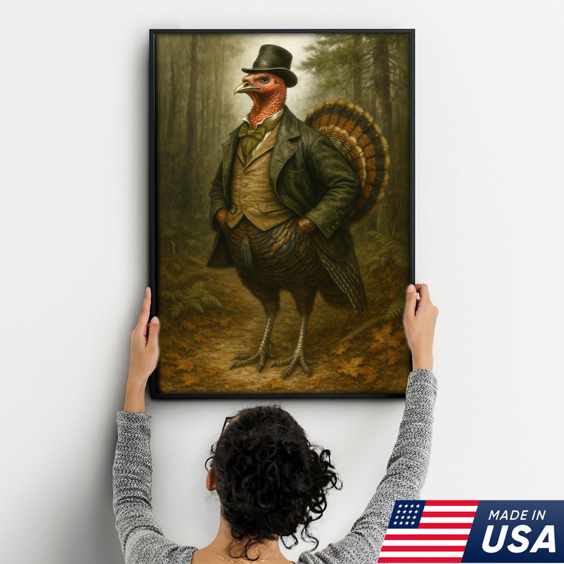 Funny Turkey Gentleman Canvas Wall Art – Rustic Lodge Decor Gift for Hunters & Thanksgiving Fans