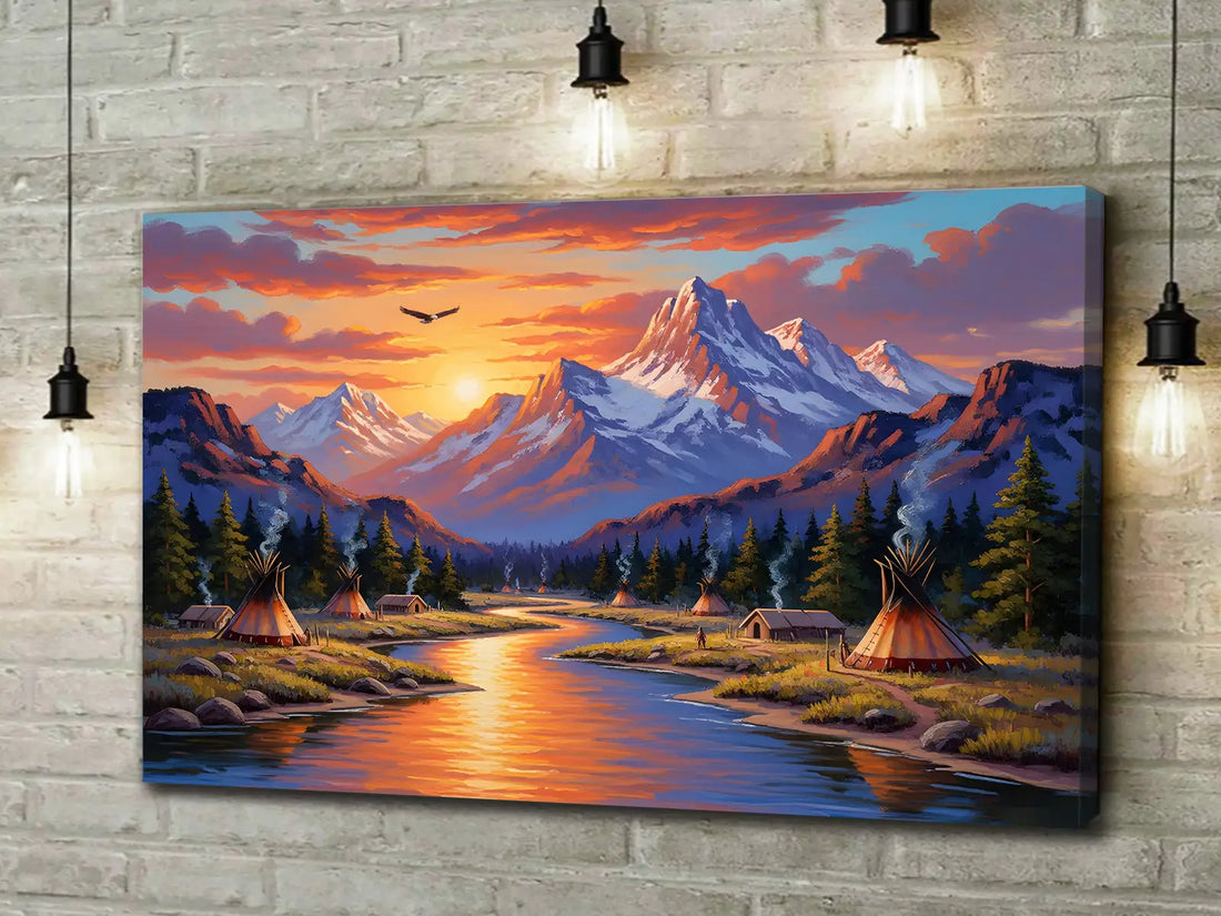 Native American Wall Art, Teepees by River at Sunset, Mountain Canvas Decor