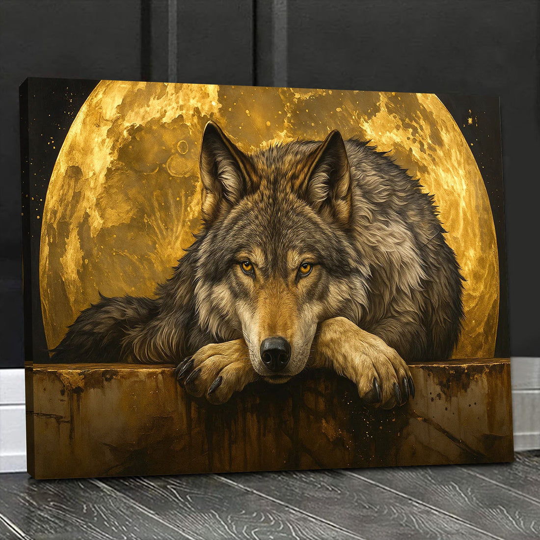 Wolf Canvas Wall Art – Majestic Wolf with Full Moon – Rustic Wildlife Decor for Cabin, Lodge, and Nature Lovers