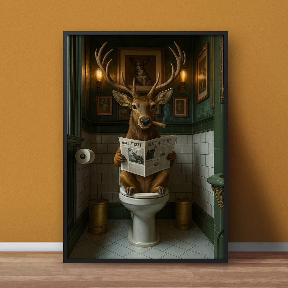 Funny Deer on Toilet Canvas Art – Stylish Animal Wall Art with Smoking and Wall Street Newspaper – Unique Bathroom Decor