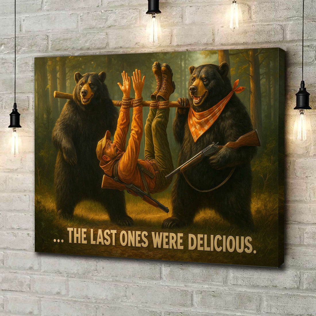 Funny Bear Hunting Canvas Wall Art - Hilarious Wilderness Scene with Hunter - Rustic Cabin and Lodge Decor