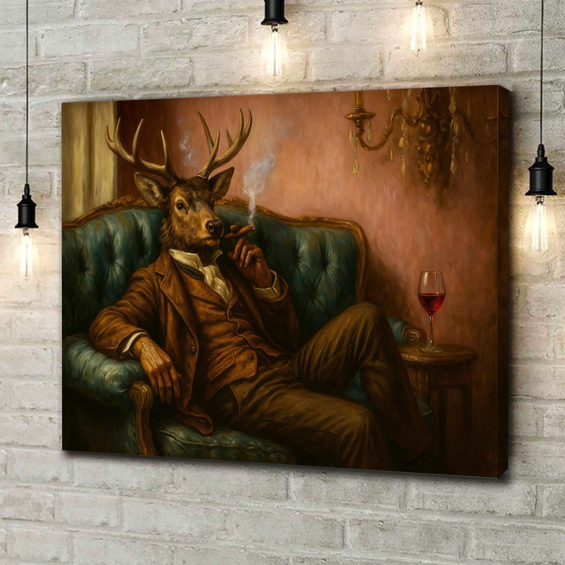 Deer Gentleman Canvas Wall Art – Dapper Buck in Suit on Teal Sofa, Vintage Lounge Portrait, Whimsical Animal Decor